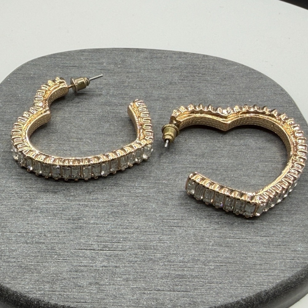 Gold Tone Crystal Baguette Heart Hoop Earrings Statement Romantic Gift for Her